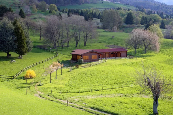 Dřevěná chata uprostřed zeleného trávníku — Stock fotografie
