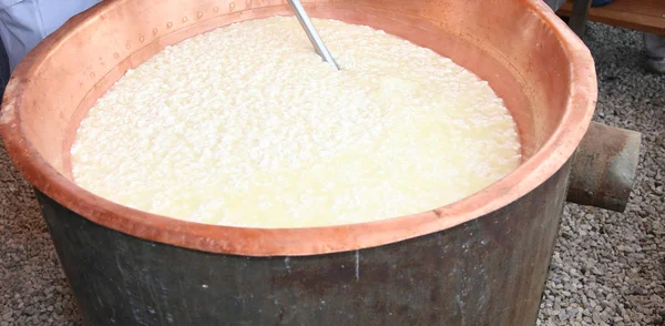 Cauldron with the curdled milk to make cheese — Stock Photo, Image