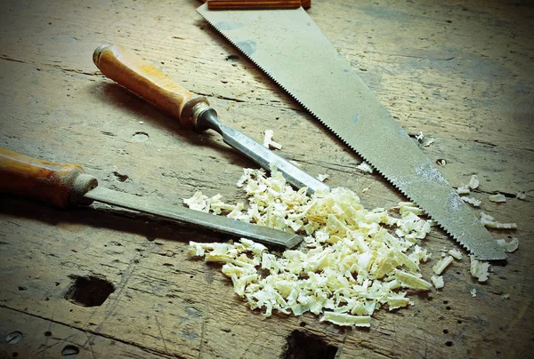 Planer and chisels and other tools in the ancient workshop of th — Stock Photo, Image