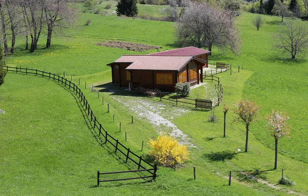 Chalet en bois au milieu de la pelouse verte avec clôture — Photo