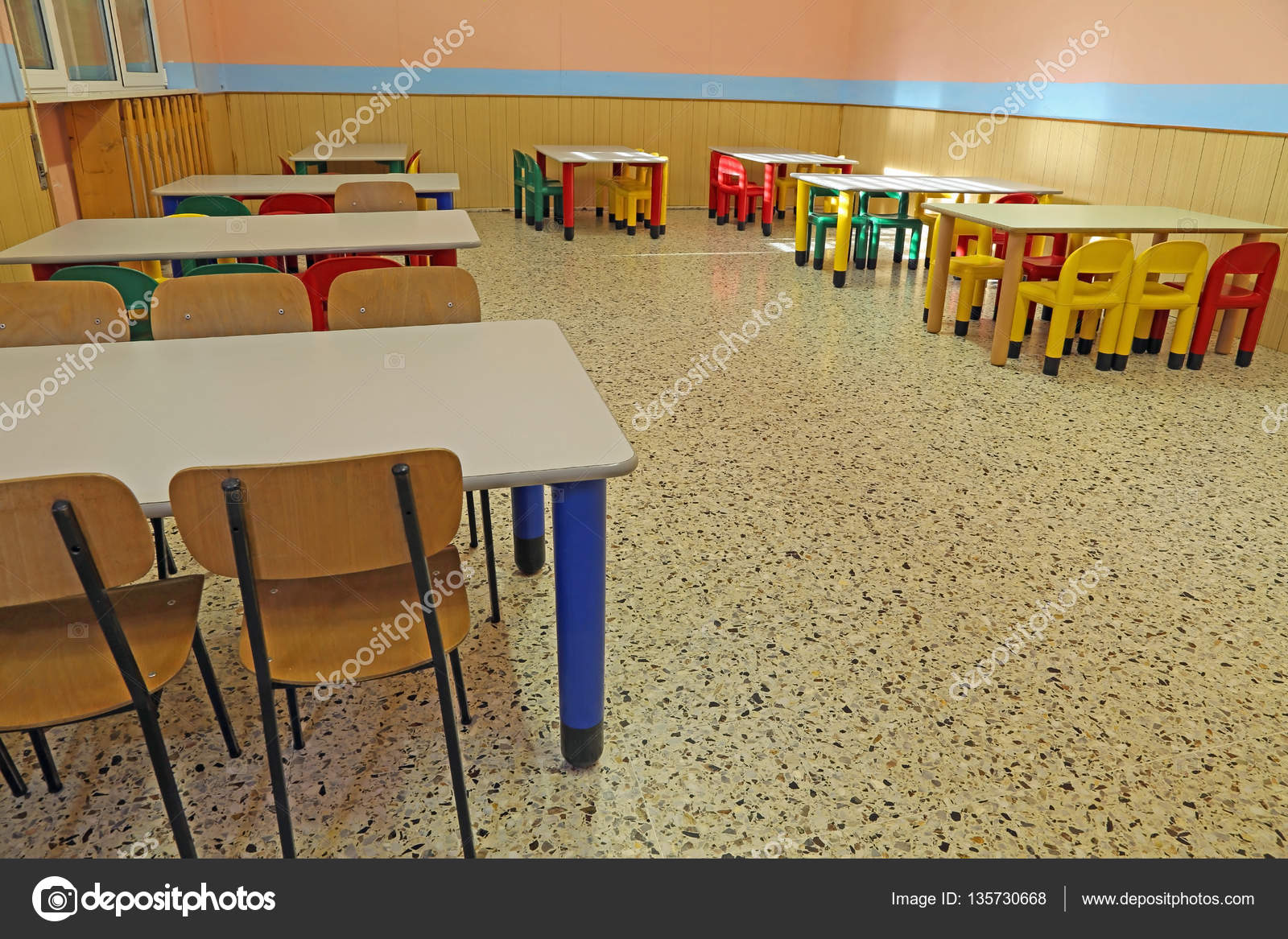 Refectory Tables And Chairs In A Kindergarten Stock Photo