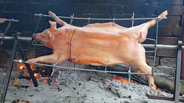 Жирная свинья, приготовленная на вертеле в целости и сохранности во время деревенского праздника — стоковое фото
