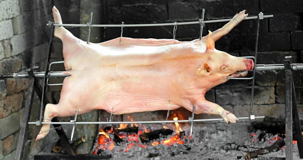 Pig while it is cooked in the rotating spit — Stock Photo, Image