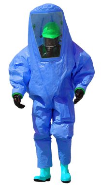 kişi biohazard ve w karşı koruyucu mavi tulum ile
