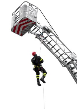 climber  with red helmet falls from the ladder truck basket clipart