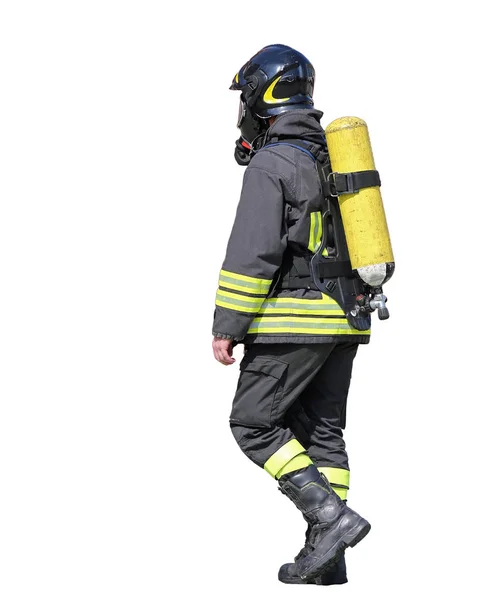 Fireman with oxygen tank to breathe during fire — Stock Photo, Image