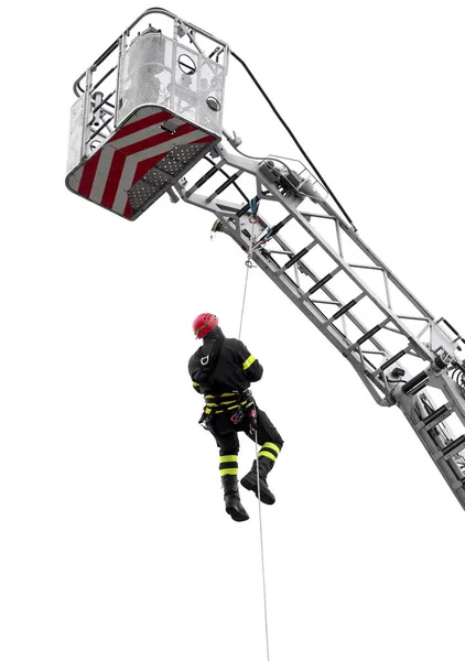 Climber  with red helmet falls from the ladder truck basket — Stock Photo, Image