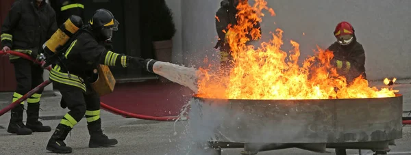 거품으로 화재를 소화 하는 운동 하는 동안 소방 관 — 스톡 사진