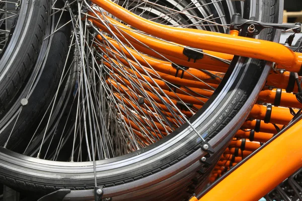 Rodas de bicicleta laranja e os muitos raios das rodas — Fotografia de Stock