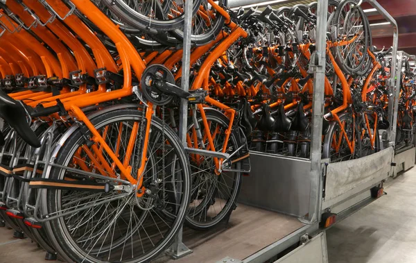 Trucks for transportation of bicycles in a warehouse — Stock Photo, Image