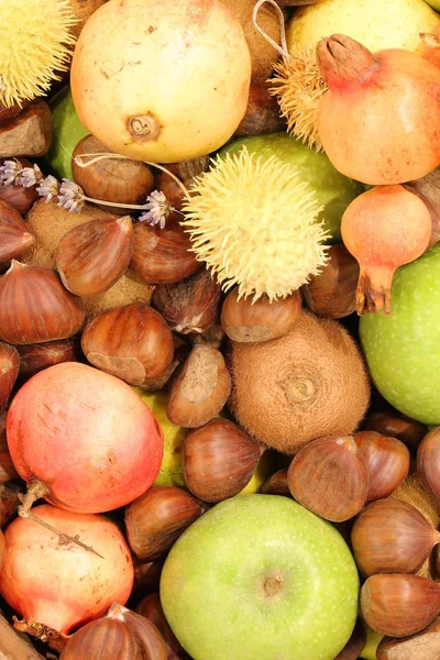 Kiwi kastanjer Granatäpplen stora äpplen — Stockfoto