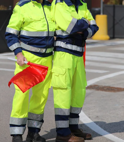Two men of the Italian civil protection with uniform and the red — Stock Photo, Image