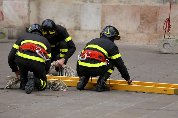 Bombeiros com escada para alcançar os andares superiores da construção — Fotografia de Stock