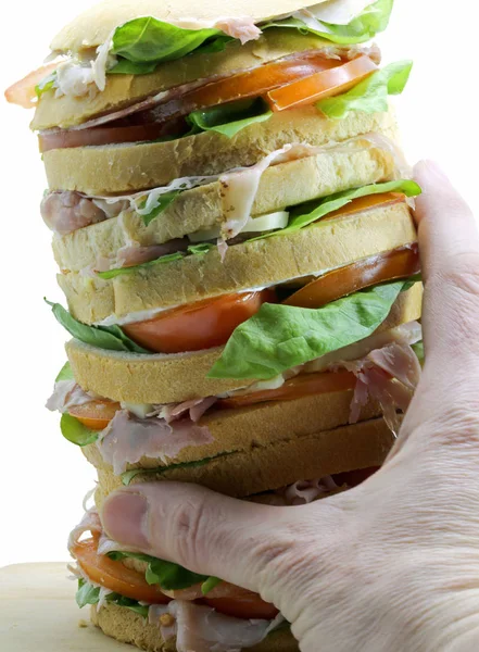 Giant gastronomic panettone like a very huge sandwich garnished — Stock Photo, Image