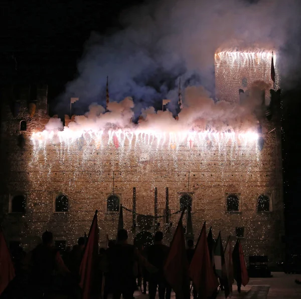Marostica, VI, Italy - September 9, 2016: fireworks with sparks — Stock Photo, Image