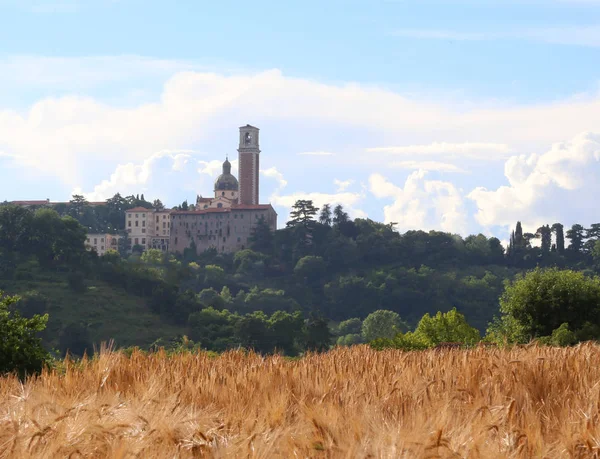 Křesťanské baziliky na vrcholu hory zvané Monte Berico s pšenicí Fuj — Stock fotografie