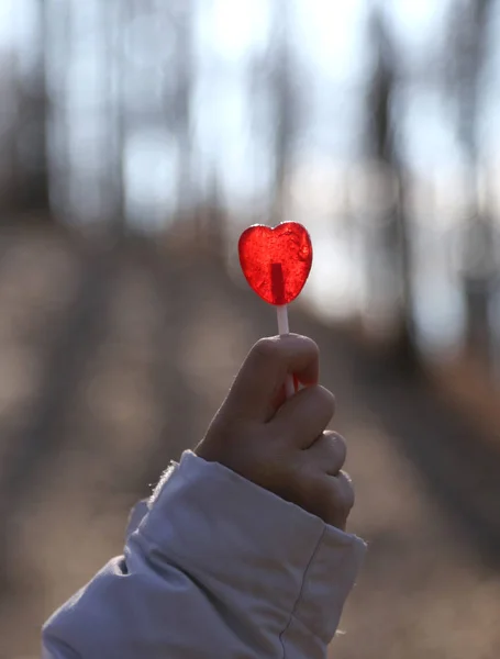 Criança que está segurando um pirulito em forma de coração vermelho — Fotografia de Stock