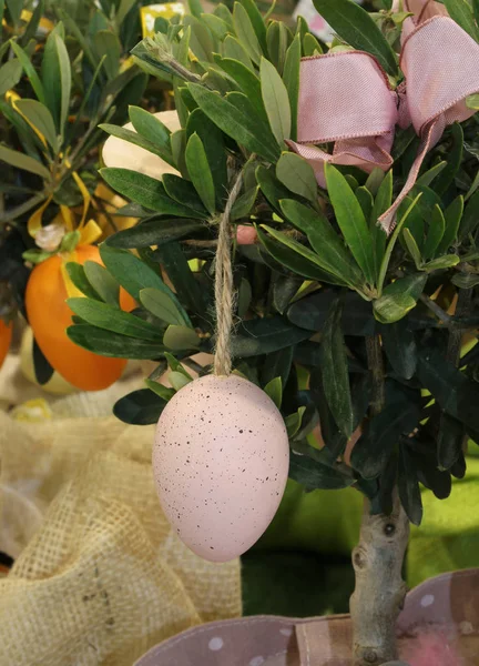 Easter egg hanging from a branch of olive — Stock Photo, Image