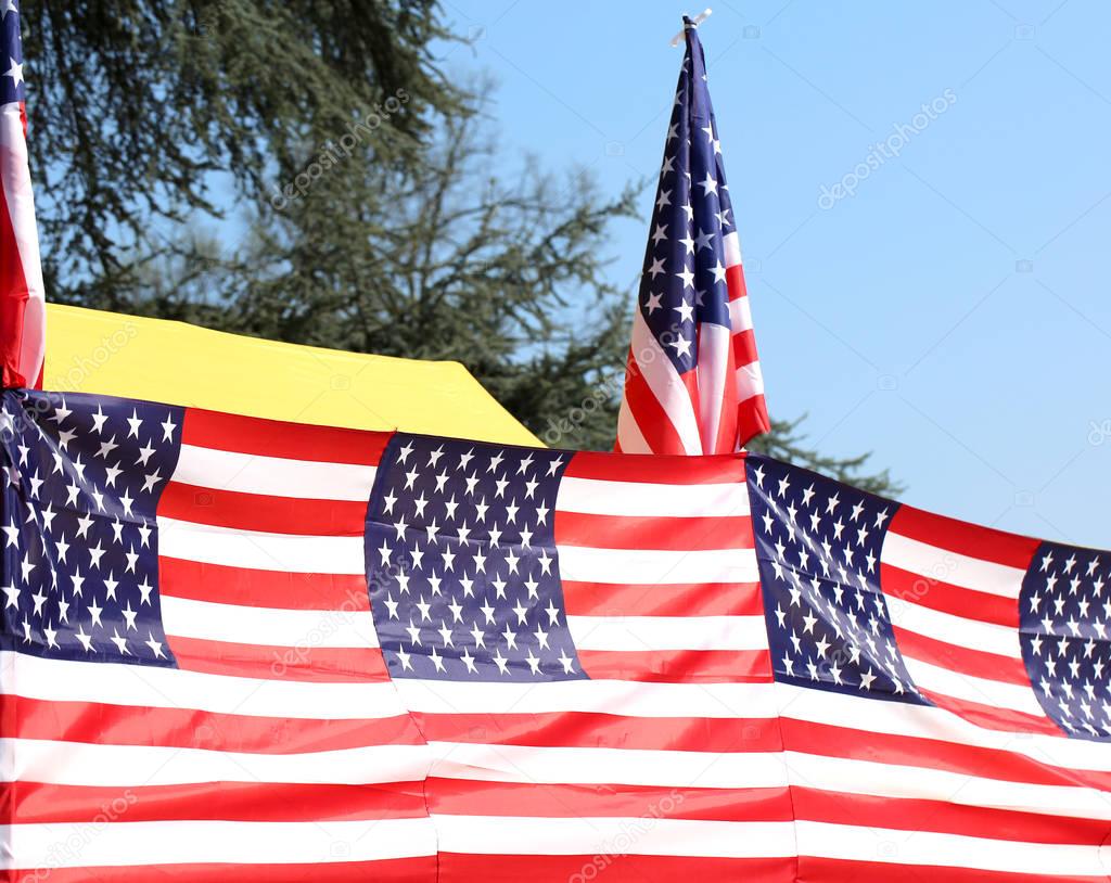 Series of many American flags with blue sky outdoor