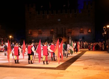 Marostica, VI, Italy - September 9, 2016: flag bearers during ni clipart