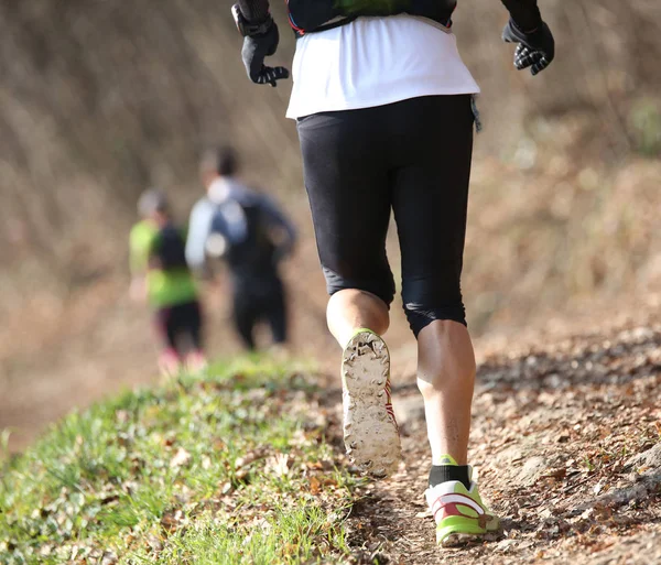 Atleta corre por el sendero en las montañas — Foto de Stock