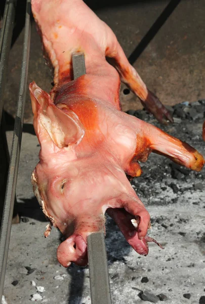 Suckling pig spit while it is being cooked — Stock Photo, Image