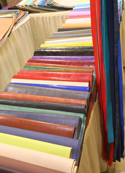 Colorful faux leather for sale in the haberdashery — Stock Photo, Image