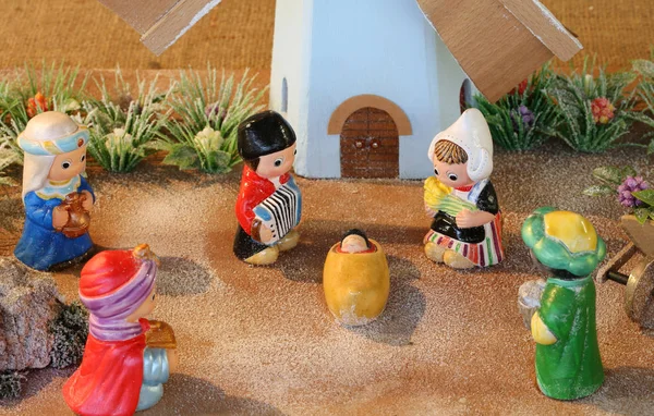 Dutch nativity scene with Holland windmill and the Three Kings — Stock Photo, Image