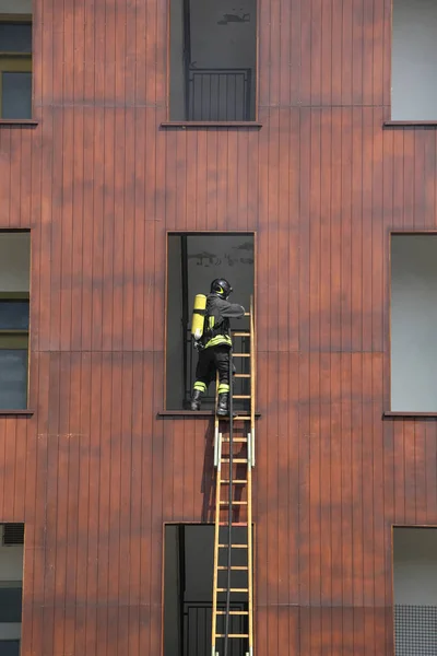 Pompier sur l'échelle en bois entre dans la fenêtre — Photo