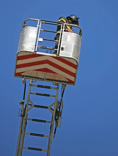 Bombero sobre la escalera con cesta comprobar el trágico emer —  Fotos de Stock