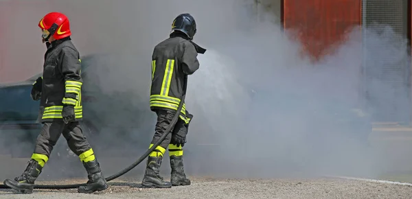 Dos bomberos con casco uniforme y protector durante un abeto —  Fotos de Stock