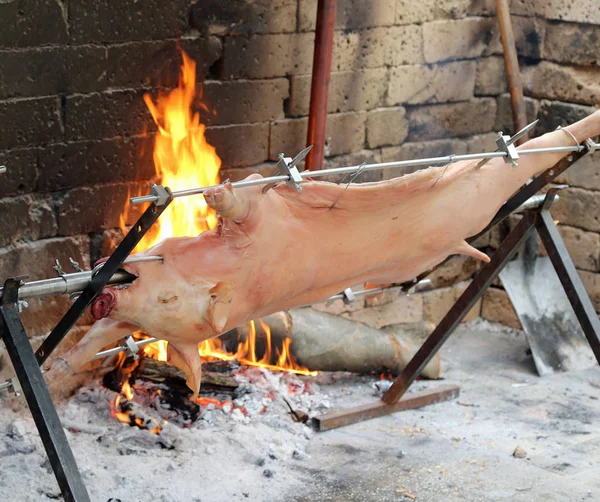 Cooked whole pig on a spit with hot embers — Stock Photo, Image
