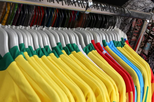 Soccer t-shirts for sale in the sports shop — Stock Photo, Image