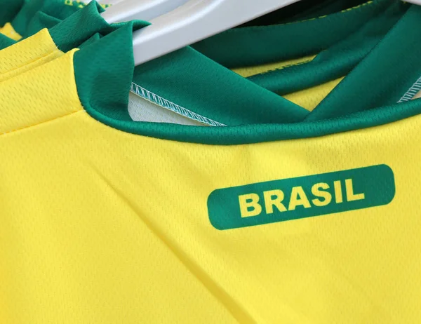 Football t-shirts with the text BRASIL which means Brazil