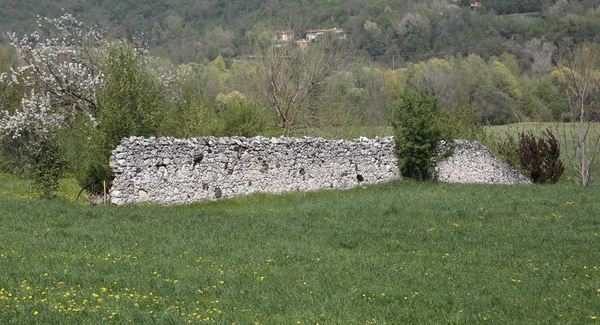 Muro a secco fatto di pietre in mezzo al prato — Foto Stock