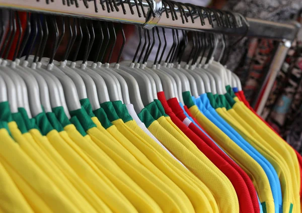 Soccer t-shirts for sale in the sports shop — Stock Photo, Image