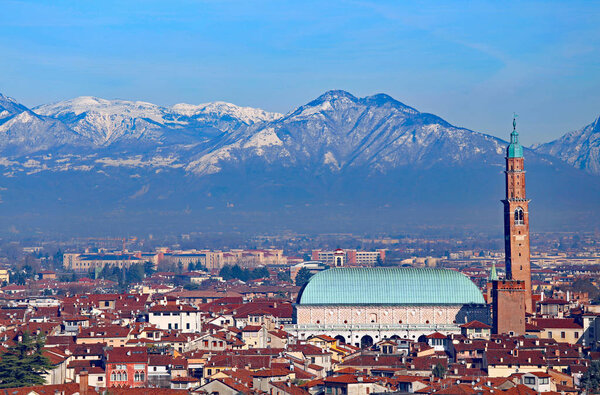 Panorama of the city of Vicenza in Italy with the historic monument called BASILICA PALLADIANA place for the temporary exhibition of paintings by Vincent Van Gogh