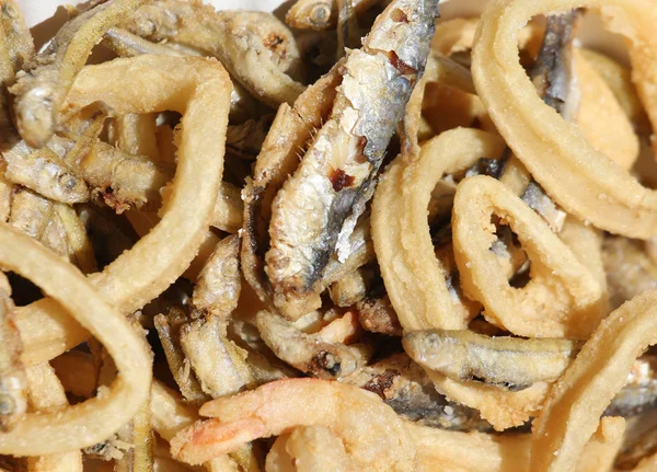 Gebakken vis en een sardine en sommige calamares Rechtenvrije Stockafbeeldingen