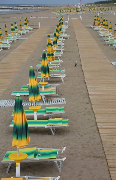Strand met een reeks van parasols en ligstoelen — Stockfoto