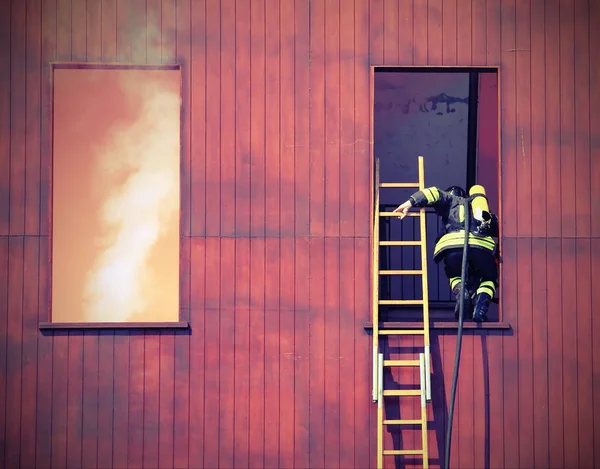 Firefighter with a long ladder with the mask and the oxygen cyli — Stock Photo, Image