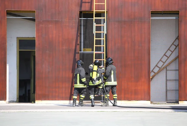 Três bombeiros na brigada de bombeiros — Fotografia de Stock