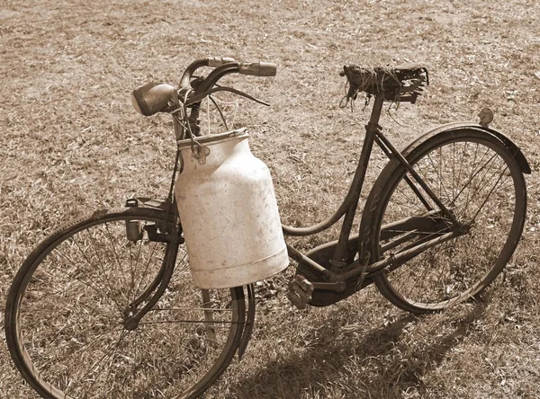 Bicicleta de ordenha antiga com leite pode e antigo efeito sépia — Fotografia de Stock