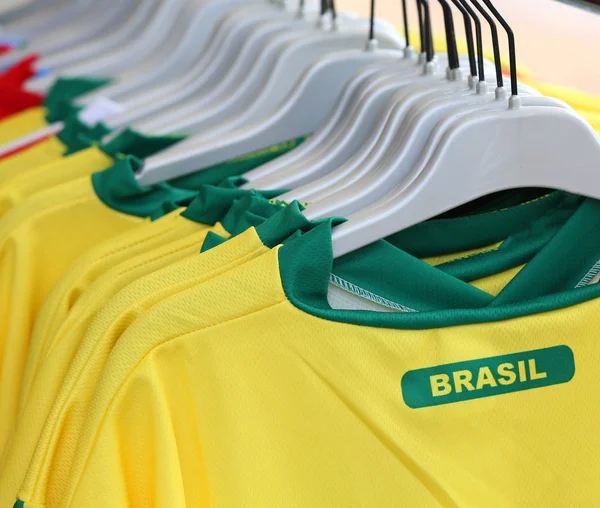 Football t-shirts with the text BRASIL which means Brazil