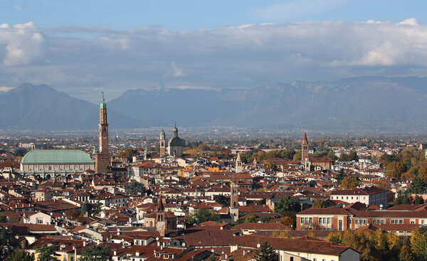 VICENZA, Italy: Panoramic view of the city with monument called BASILICA PALLADIANA and the roofs of houses and many bell towers