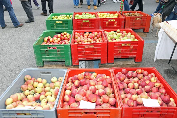 Riesige Obstkisten mit den reifen Äpfeln, die auf dem Markt verkauft werden — Stockfoto