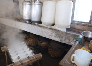 dağ mera içinde bir süt peynir yapımı