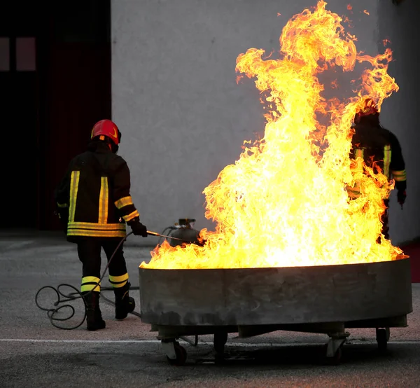 Пожарные во время учений по пожаротушению — стоковое фото