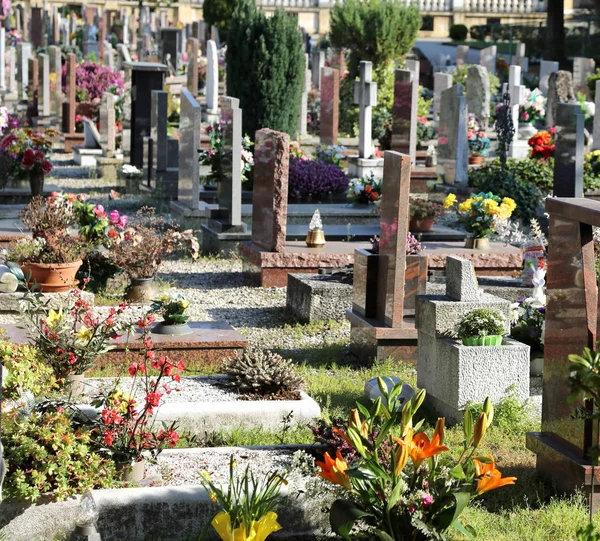 Graves on the tombs of the defunct and decorated with fresh flow — Stock Photo, Image