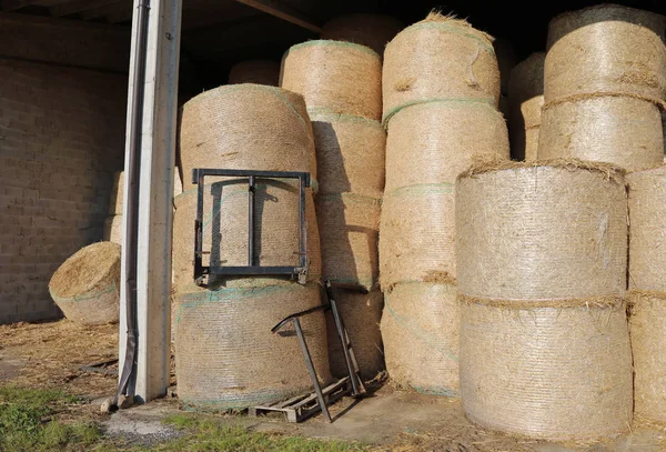 Montones de fardos de heno en la tienda de la granja utilizados para alimentar a las bestias —  Fotos de Stock