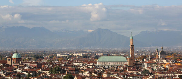 VICENZA, Italy: Panoramic view of the city with monument called BASILICA PALLADIANA and the Dome of Cathedral called Duomo